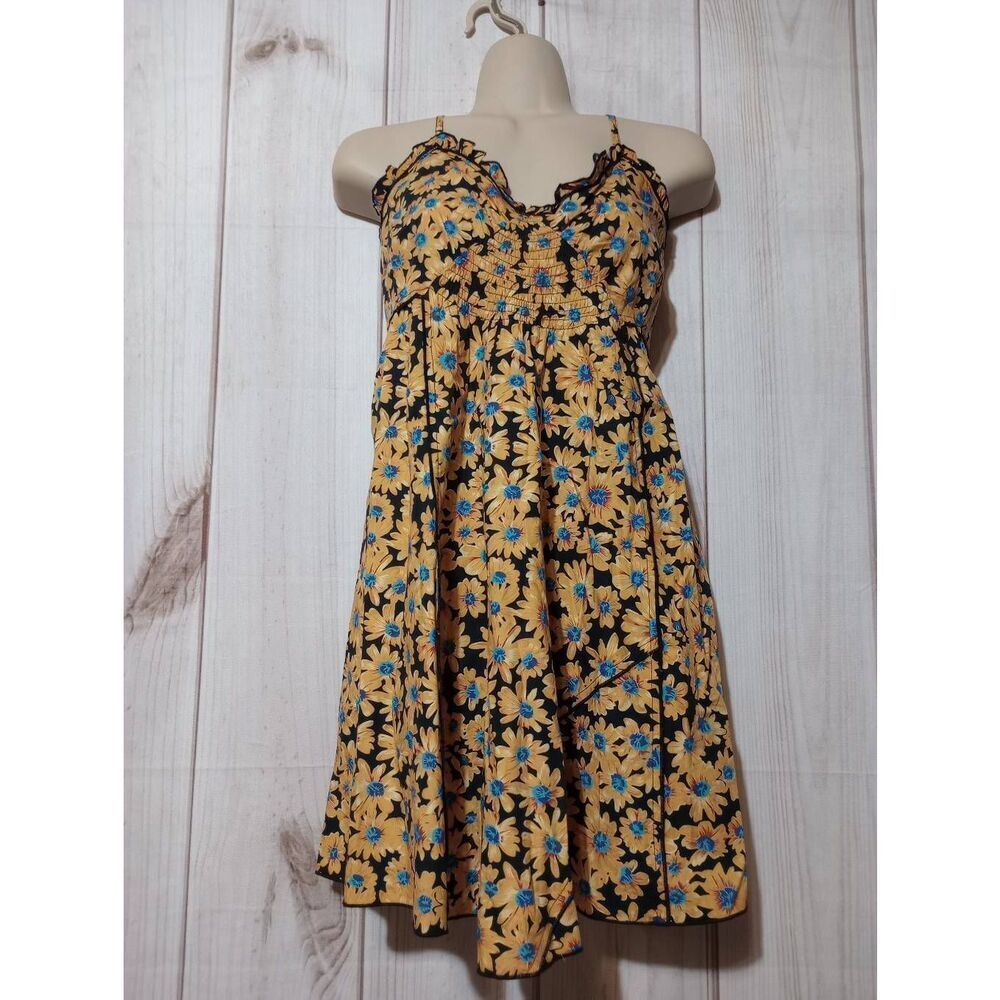 Topshop Sunflower‎ Print Mini Dress Yellow Blue Cotton Smocked Strappy Womens 4